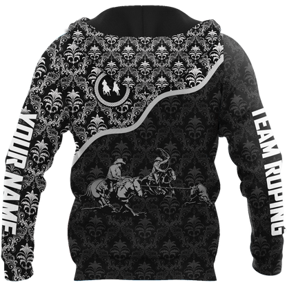 Personalized Name Bull Riding 3D All Over Printed Unisex Shirts Team Roping Black Pattern
