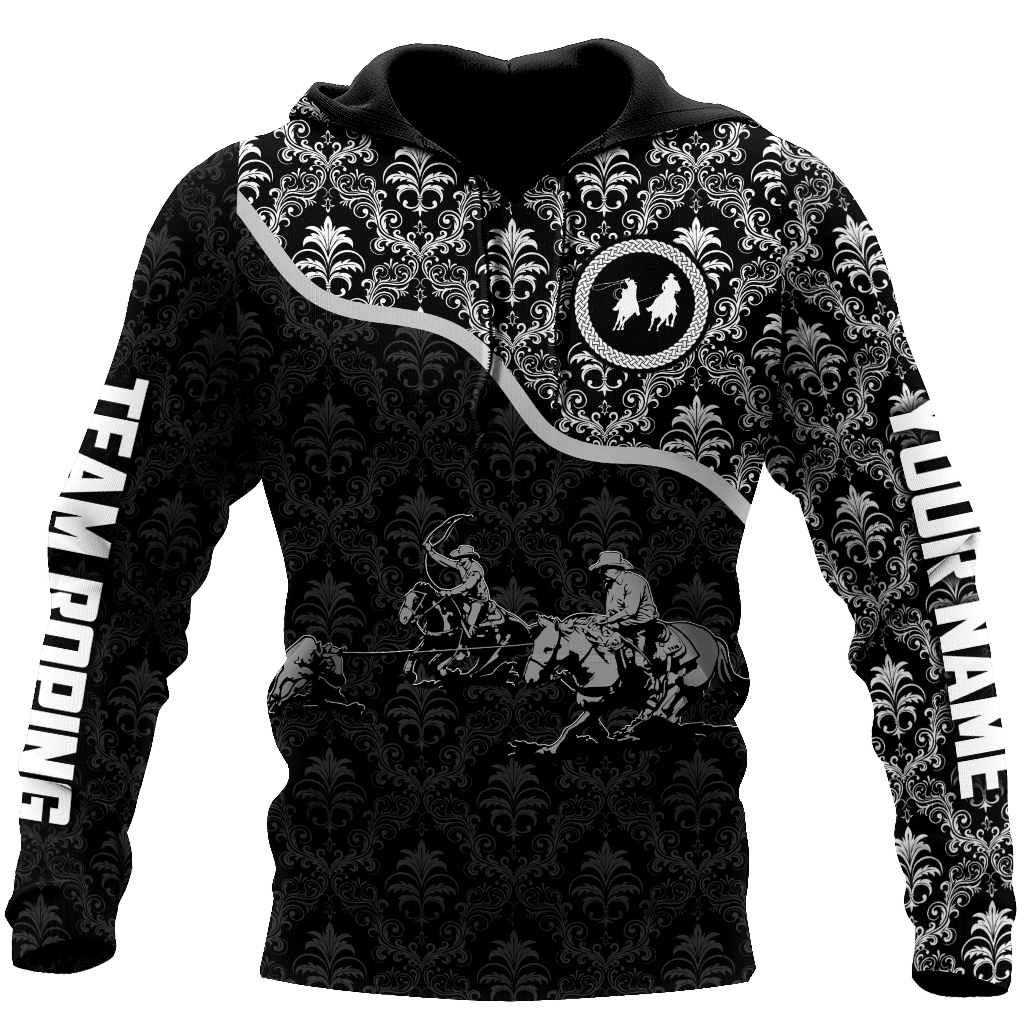 Personalized Name Bull Riding 3D All Over Printed Unisex Shirts Team Roping Black Pattern