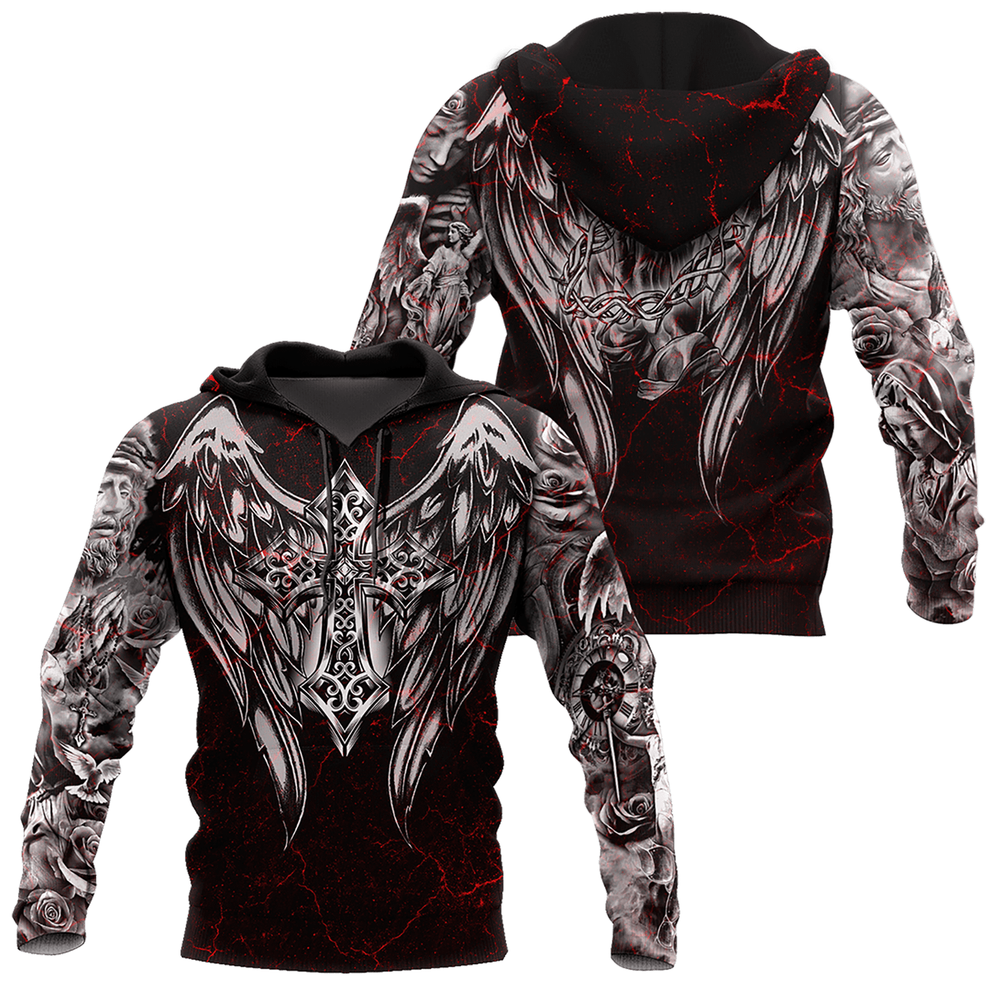 Jesus Christ Cross and Wings Black Red 3D Printed Hoodie, T-Shirt for Men and Women