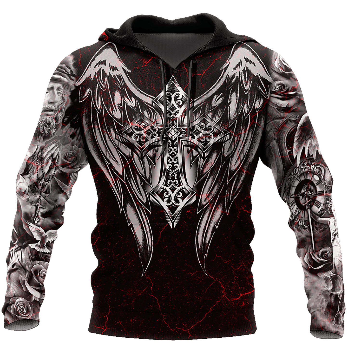 Jesus Christ Cross and Wings Black Red 3D Printed Hoodie, T-Shirt for Men and Women