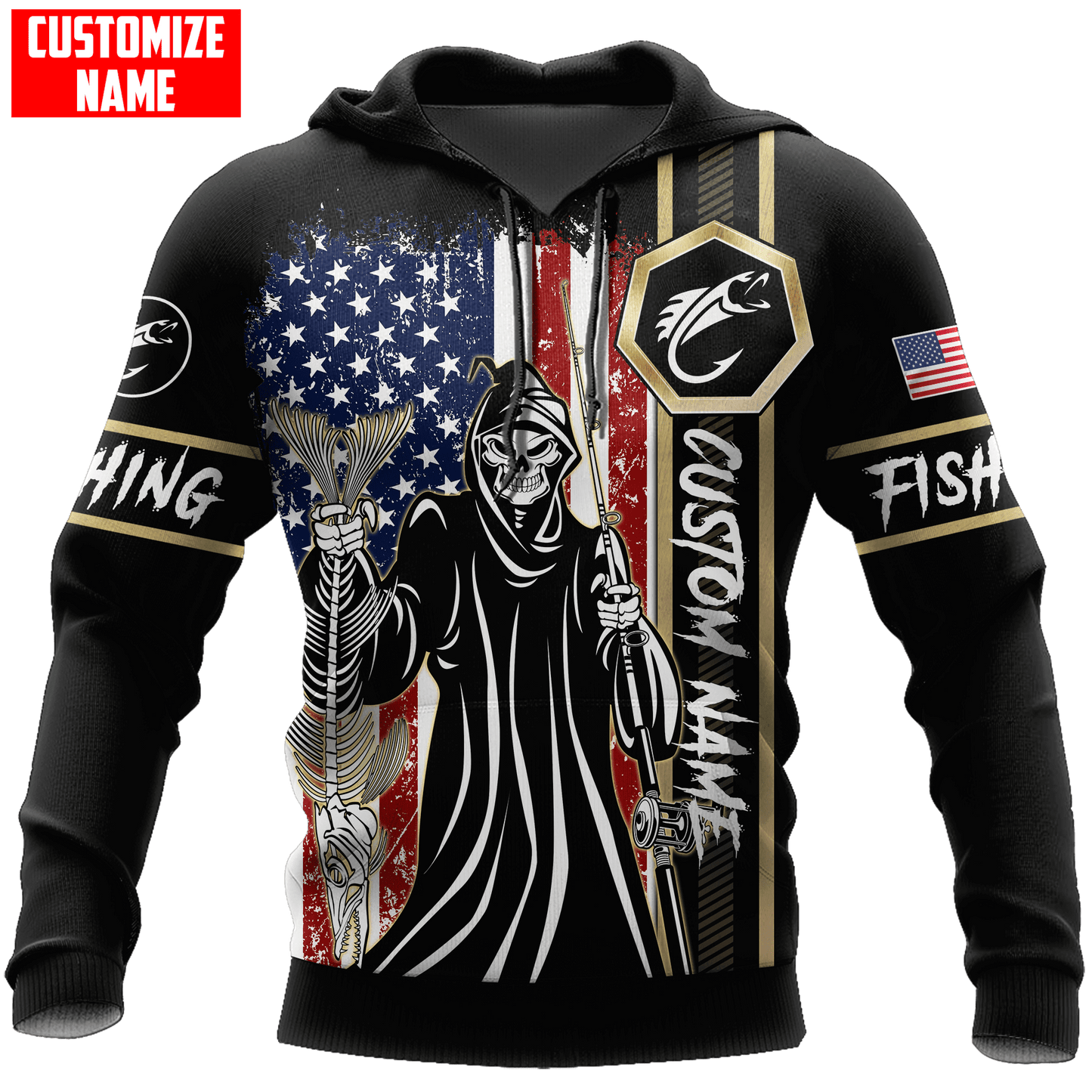 Fishing Skull Reaper American Flag Custom name fishing shirt for men and women
