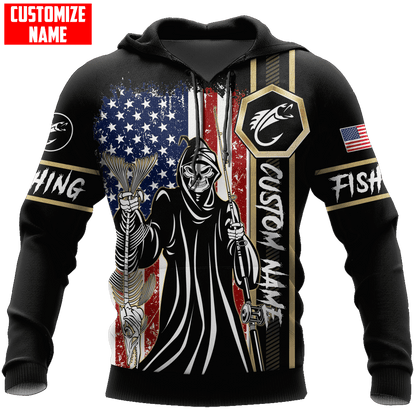 Fishing Skull Reaper American Flag Custom name fishing shirt for men and women