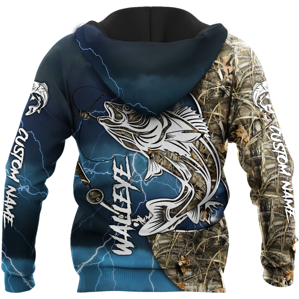 Custom name Walleye fishing gear blue 3D Design print shirts
