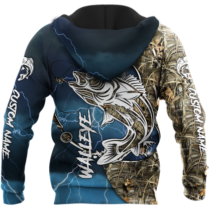 Custom name Walleye fishing gear blue 3D Design print shirts