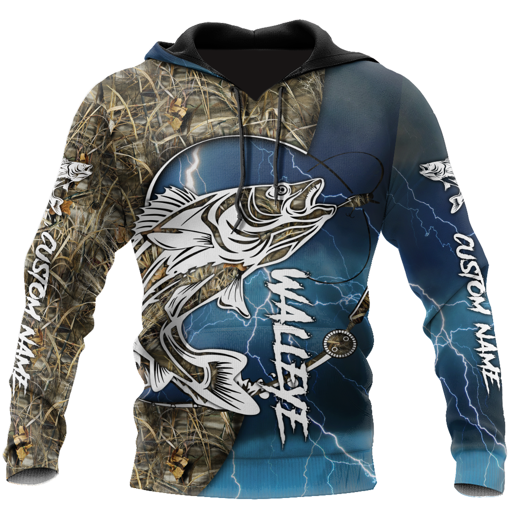 Custom name Walleye fishing gear blue 3D Design print shirts