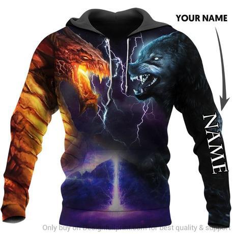 Premium Wolf n Dragon Personalized Name 3D All Over Printed Unisex Shirts