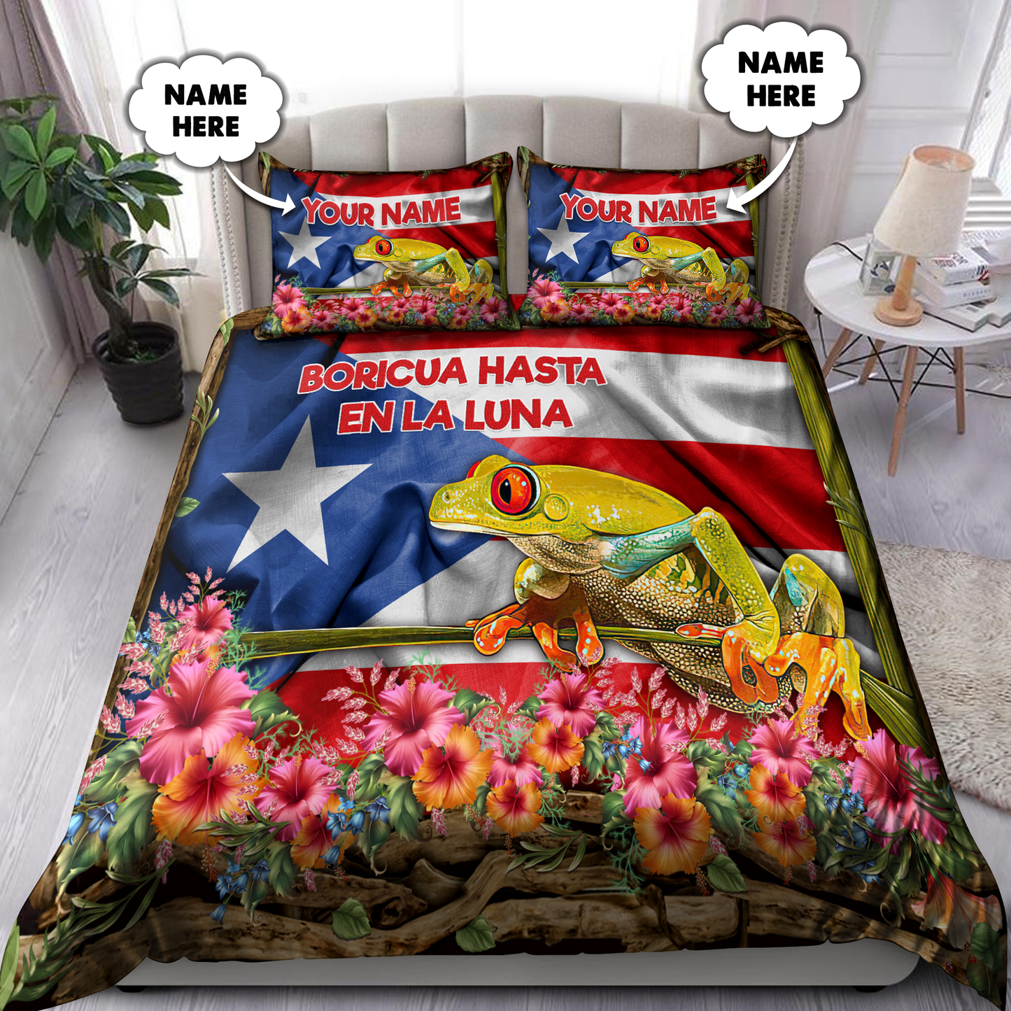 Customize Name Floral And Coqui Puerto Rico Bedding Set