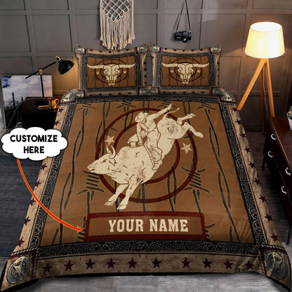 Personalized Name Bull Riding Bedding Set Skull