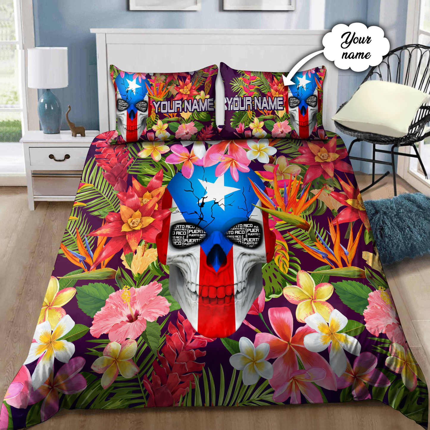 Customize Name Floral Skull Puerto Rico Bedding Set