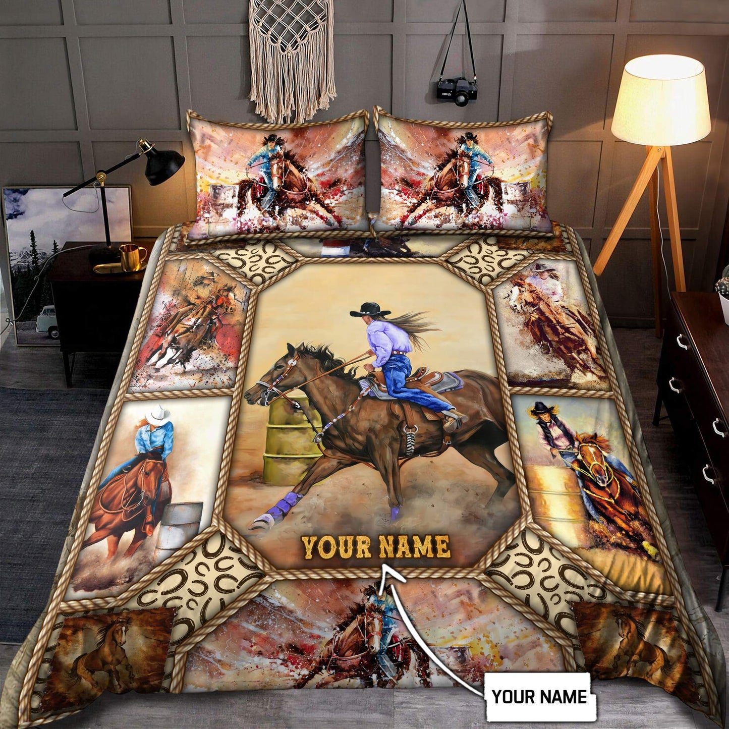 Personalized Name Barrel Racing Art Bedding Set