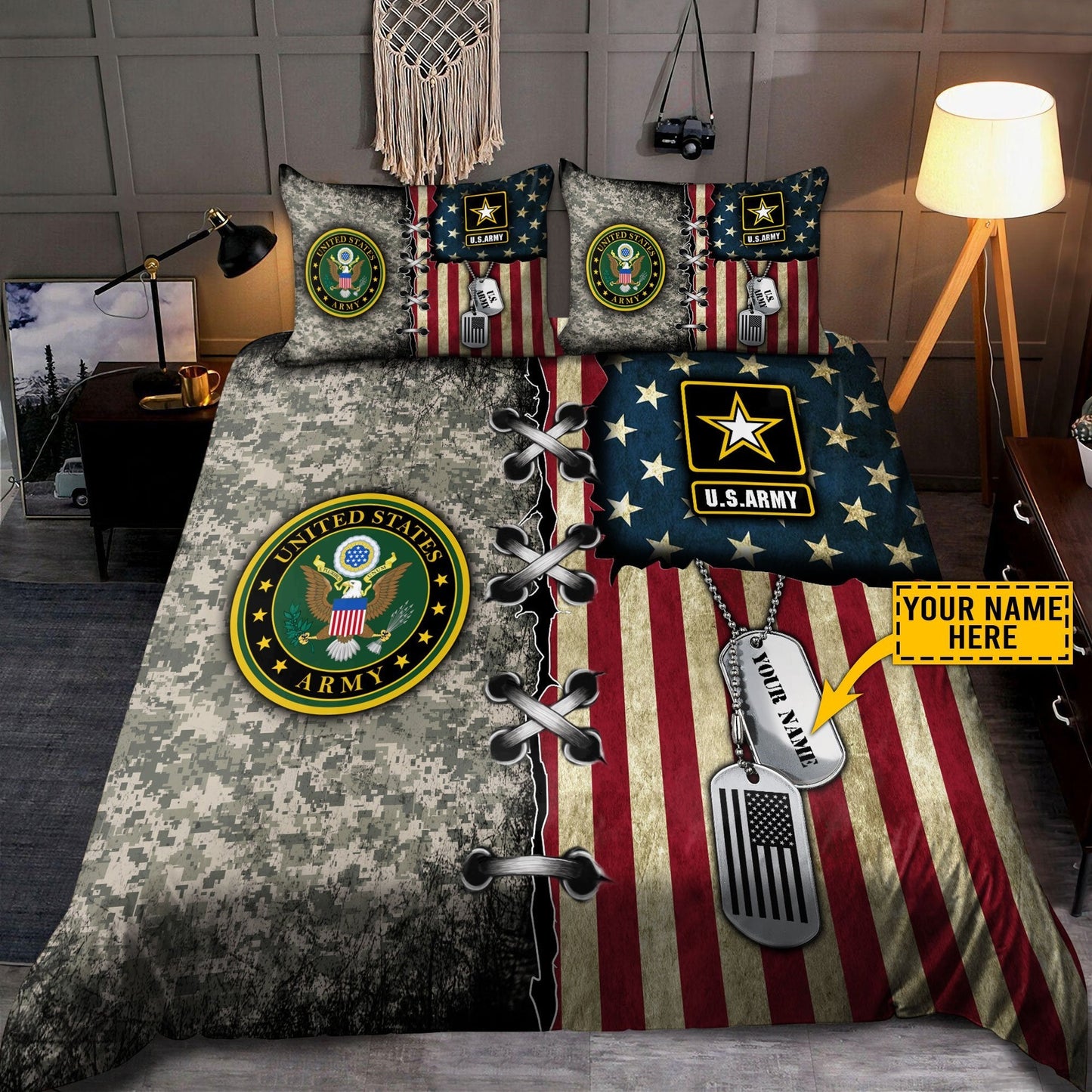 Custom name US Army Veteran Camo Bedding Set Proud Military