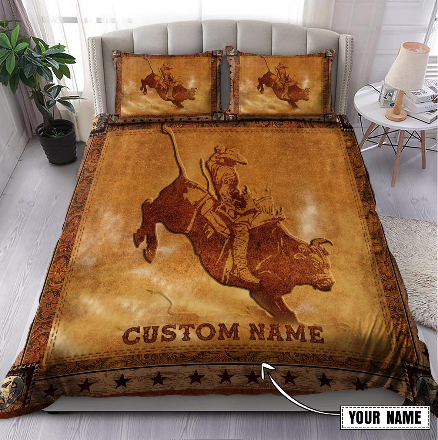 Tmarc Tee Personalized Name Bull Riding Carving Pattern Bedding Set