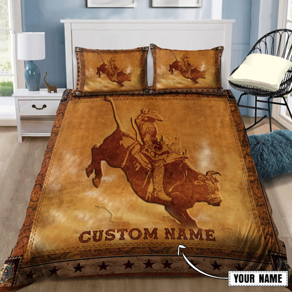 Tmarc Tee Personalized Name Bull Riding Carving Pattern Bedding Set