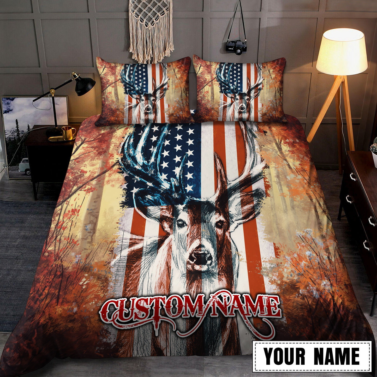 Deer US Flag Personalized Name Bedding Set