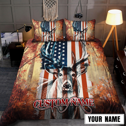 Deer US Flag Personalized Name Bedding Set