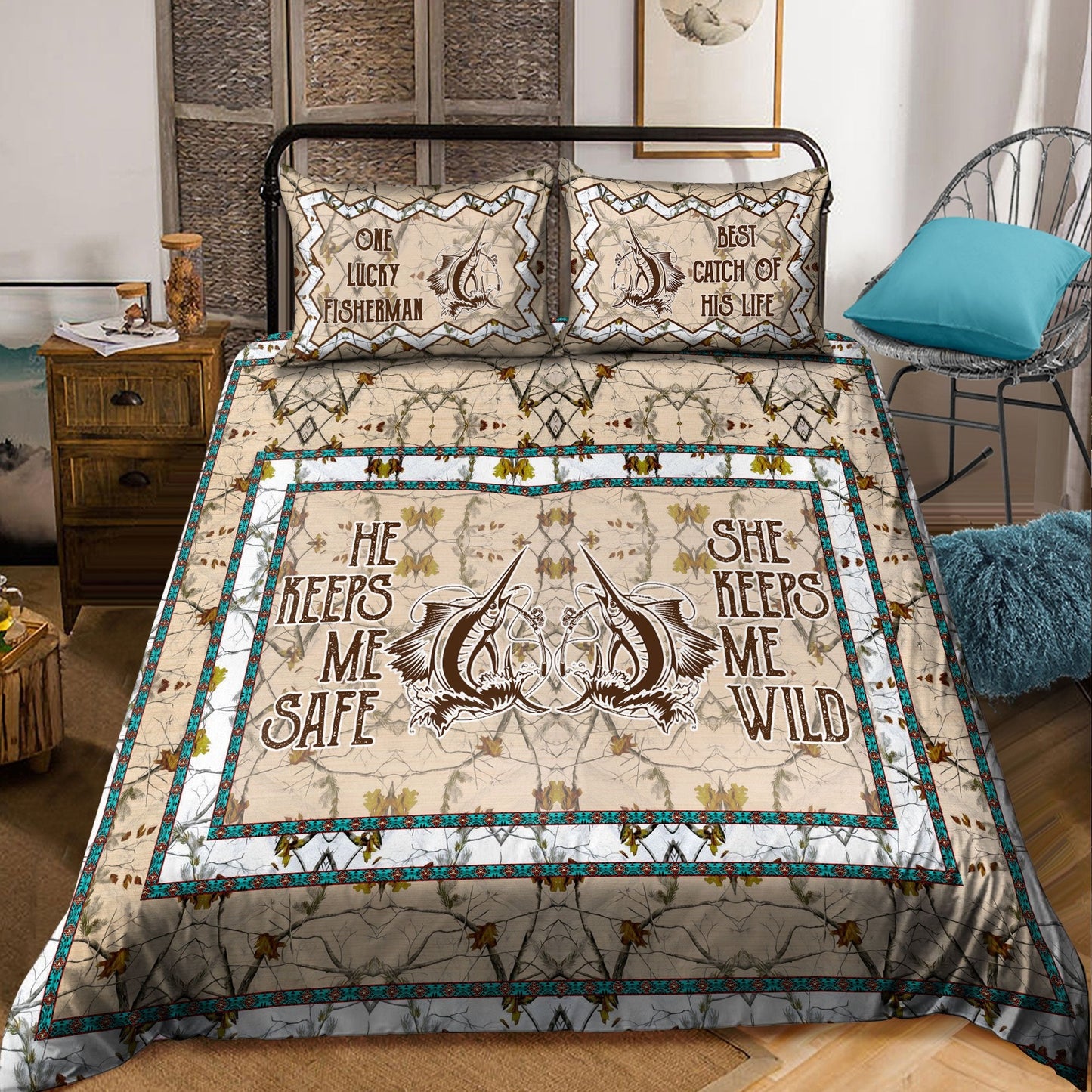 He keeps me safe she keeps me wild fishing couple bedding set