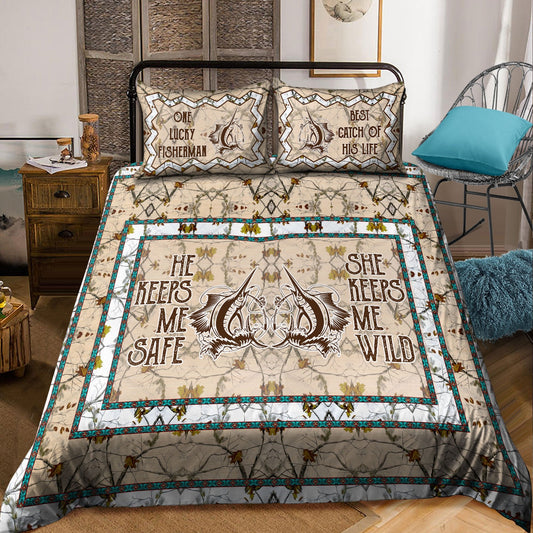 He keeps me safe she keeps me wild fishing couple bedding set