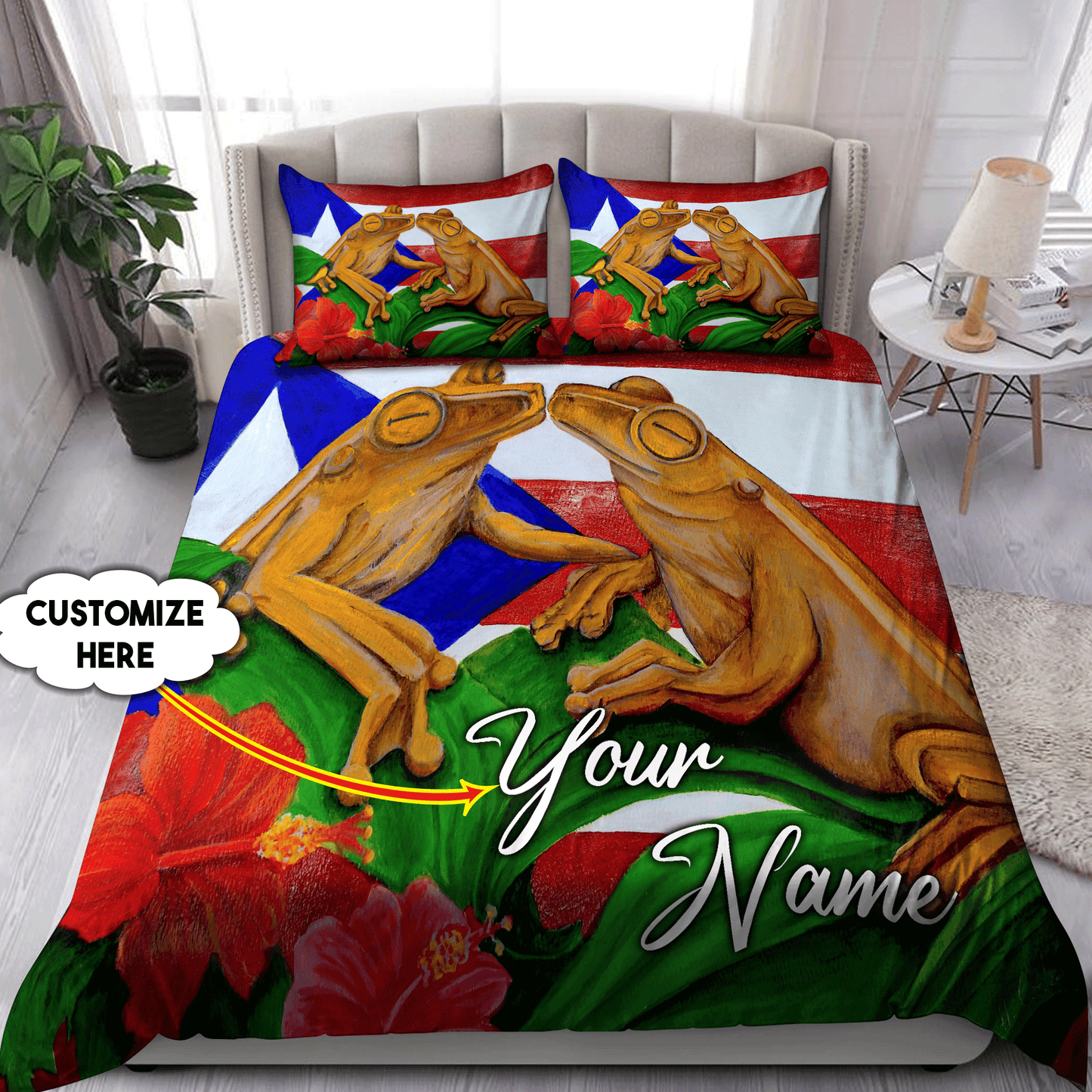 Customize Name Couple Coqui Puerto Rico Bedding Set