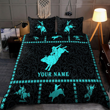 Personalized Name Bull Riding Blue Bedding Set