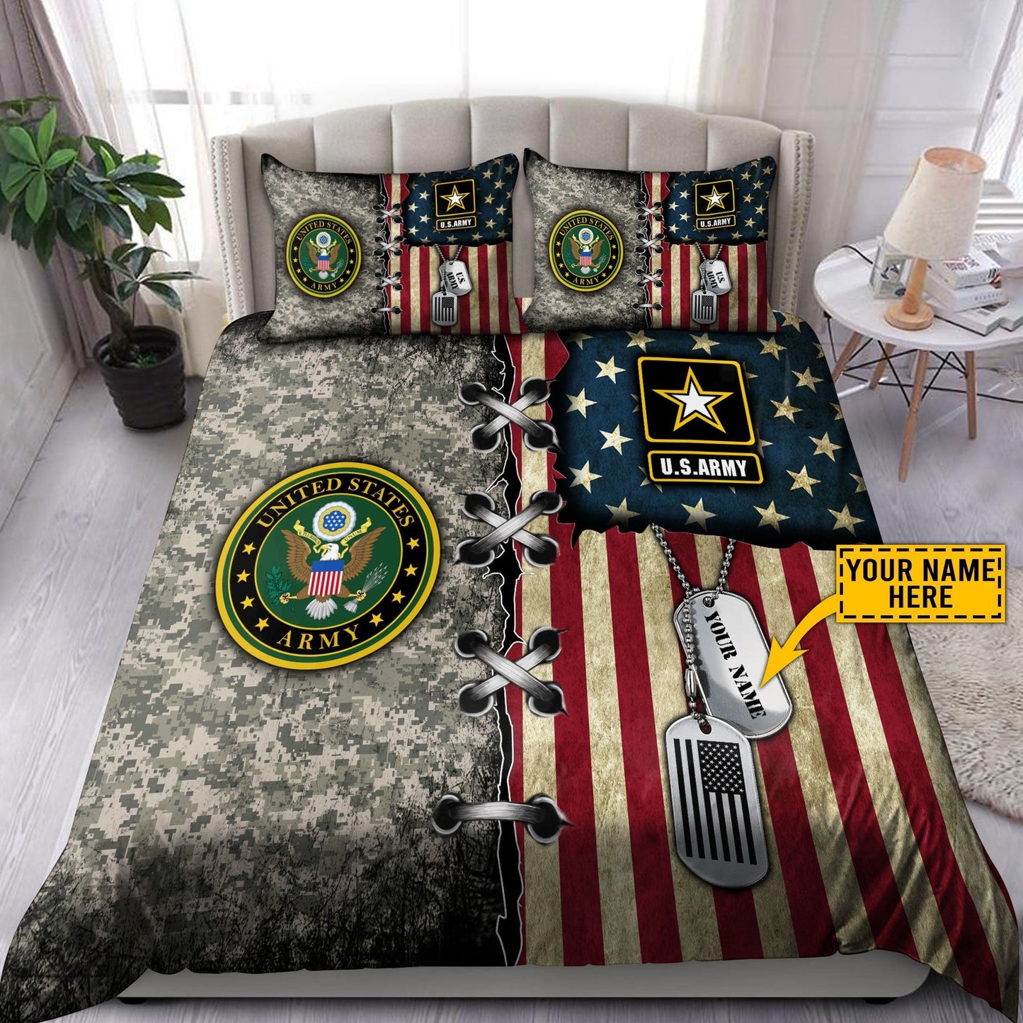 Custom name US Army Veteran Camo Bedding Set Proud Military
