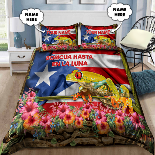 Customize Name Floral And Coqui Puerto Rico Bedding Set