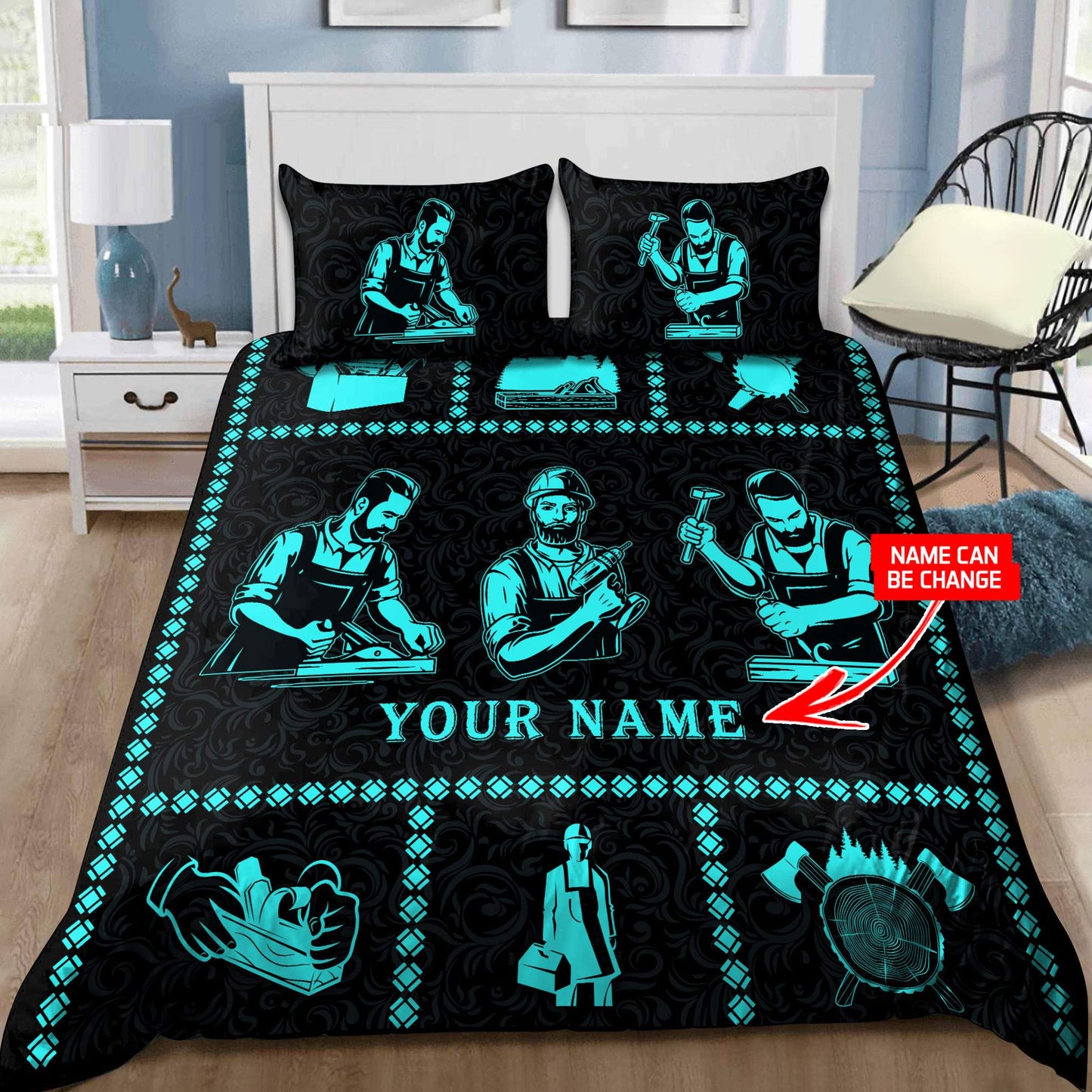 Personalized Name Blue Carpenter Bedding Set