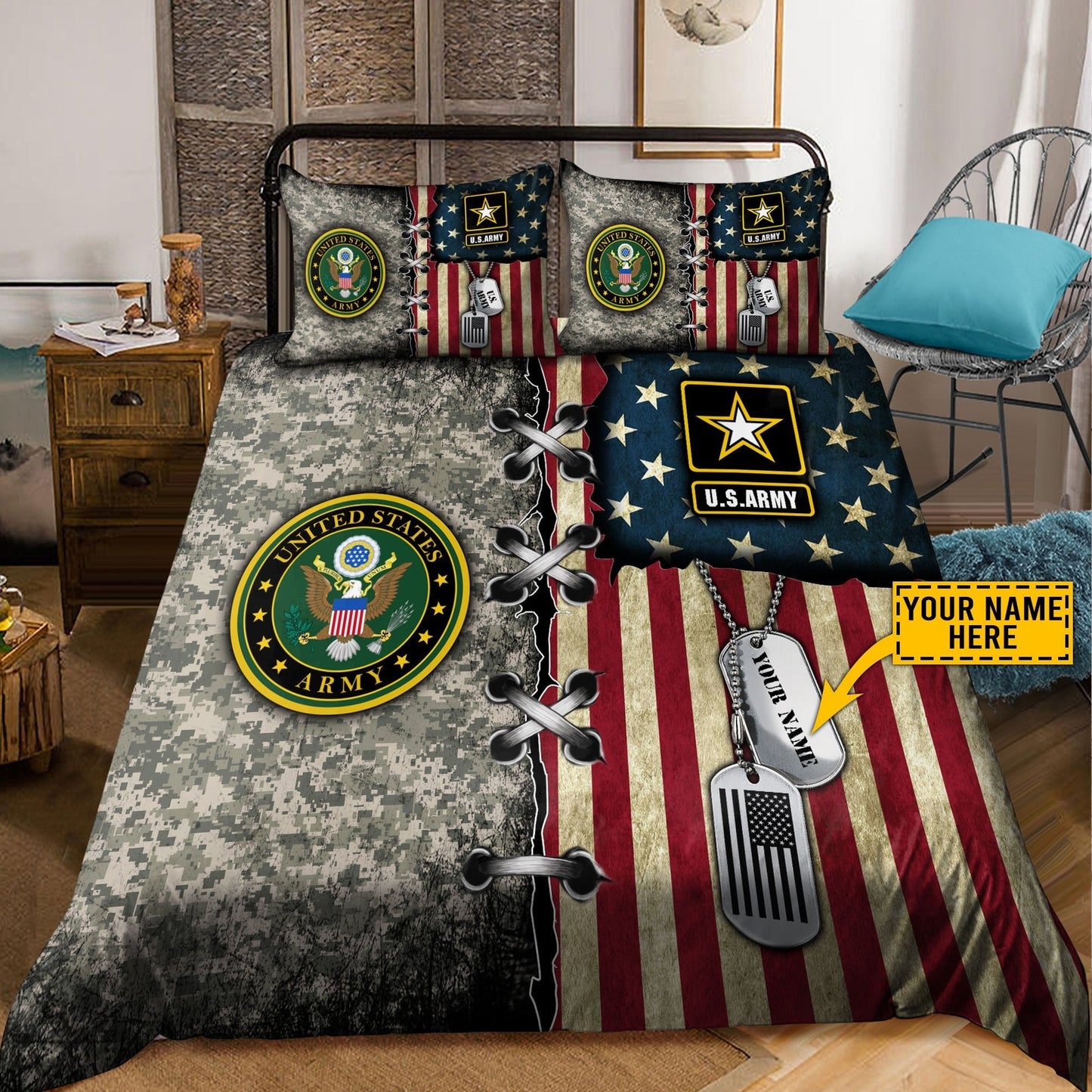 Custom name US Army Veteran Camo Bedding Set Proud Military