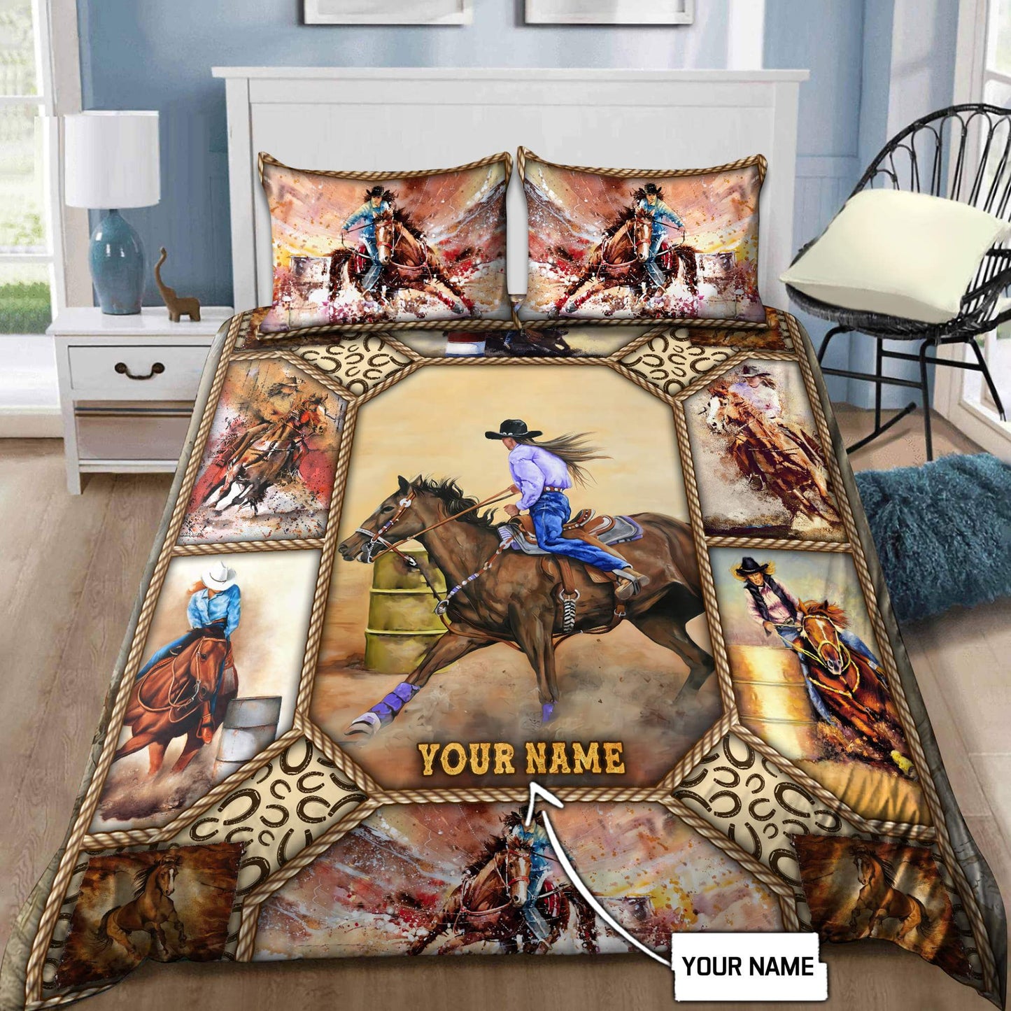 Personalized Name Barrel Racing Art Bedding Set