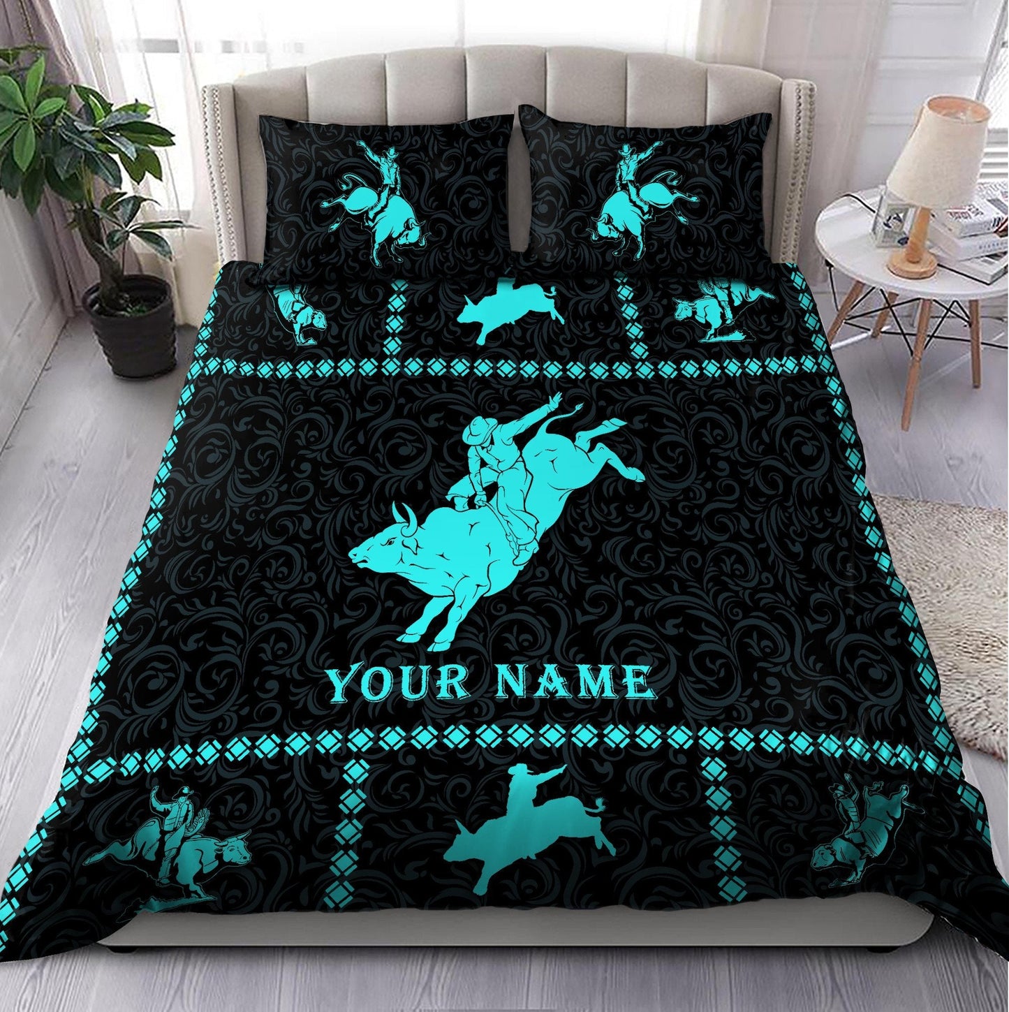 Personalized Name Bull Riding Blue Bedding Set