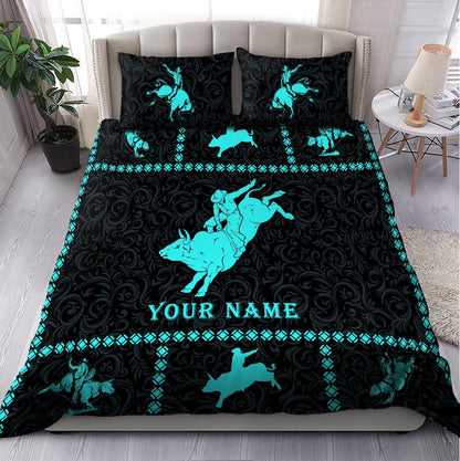 Personalized Name Bull Riding Blue Bedding Set