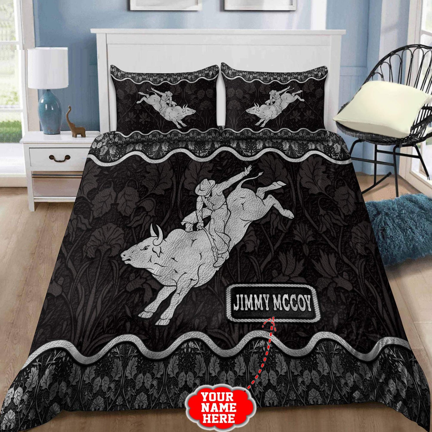 Personalized Name Bull Riding Rodeo Bedding Set Black Ver