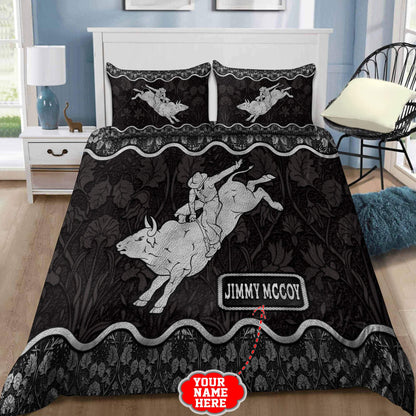 Personalized Name Bull Riding Rodeo Bedding Set Black Ver