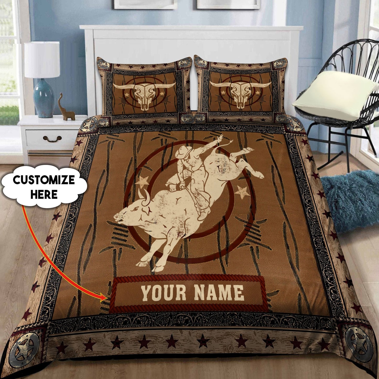Personalized Name Bull Riding Bedding Set Skull