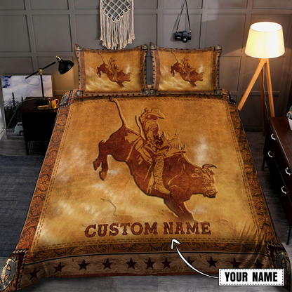 Tmarc Tee Personalized Name Bull Riding Carving Pattern Bedding Set