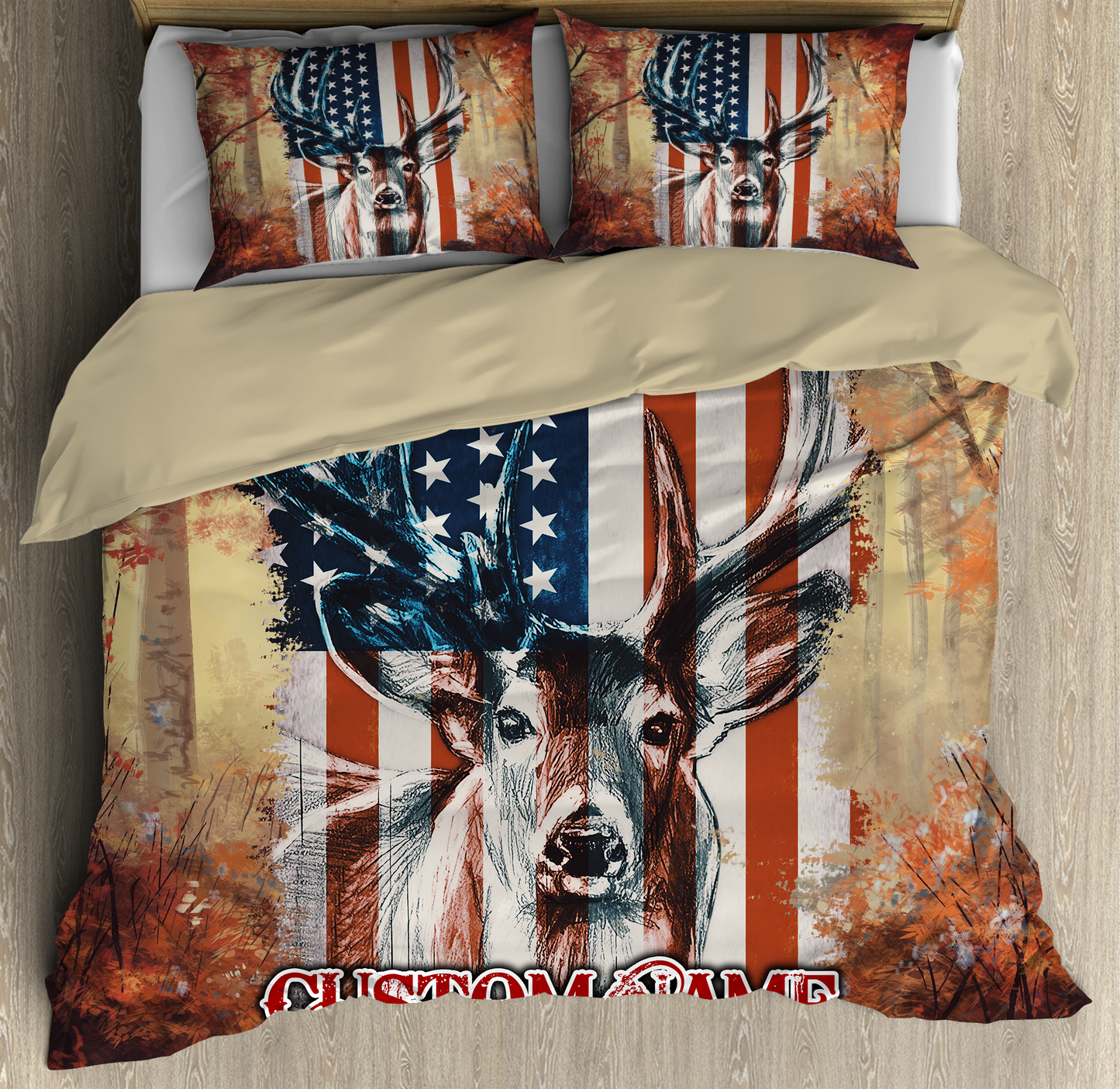 Deer US Flag Personalized Name Bedding Set