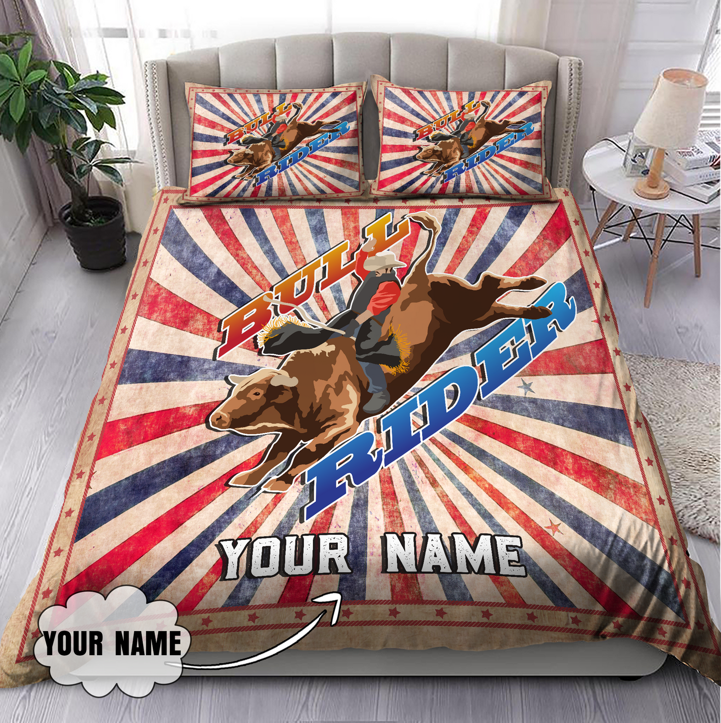 Personalized Name Bull Riding Bedding Team Roping Retro