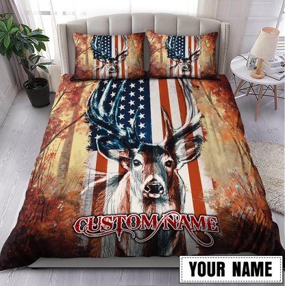 Deer US Flag Personalized Name Bedding Set