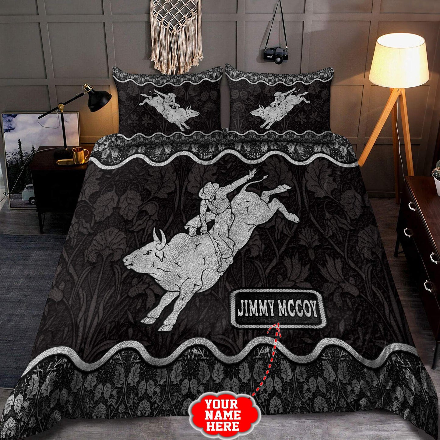 Personalized Name Bull Riding Rodeo Bedding Set Black Ver