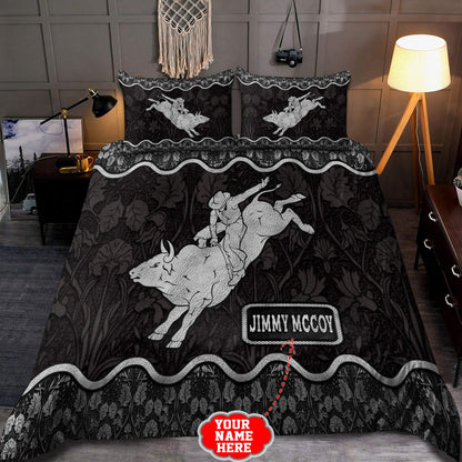 Personalized Name Bull Riding Rodeo Bedding Set Black Ver