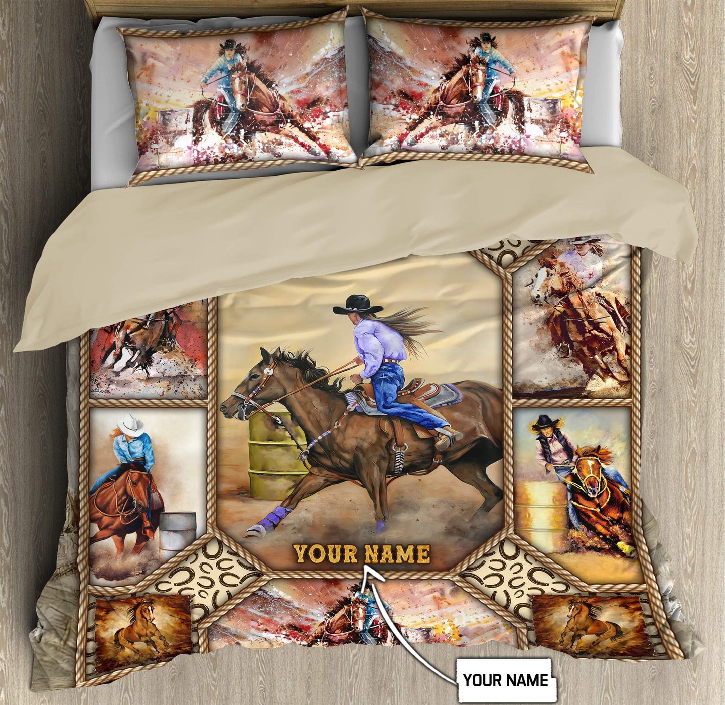 Personalized Name Barrel Racing Art Bedding Set