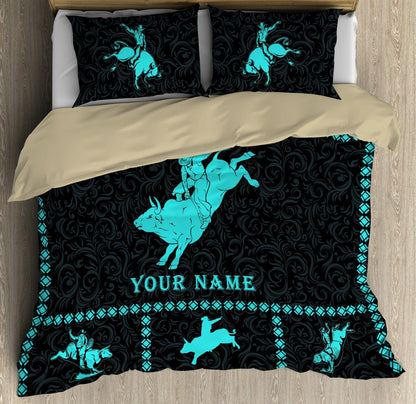 Personalized Name Bull Riding Blue Bedding Set