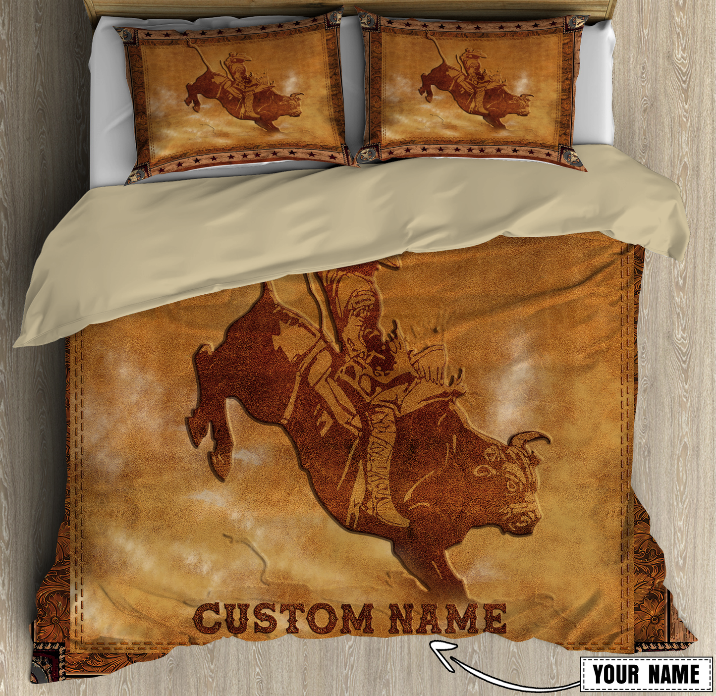 Tmarc Tee Personalized Name Bull Riding Carving Pattern Bedding Set