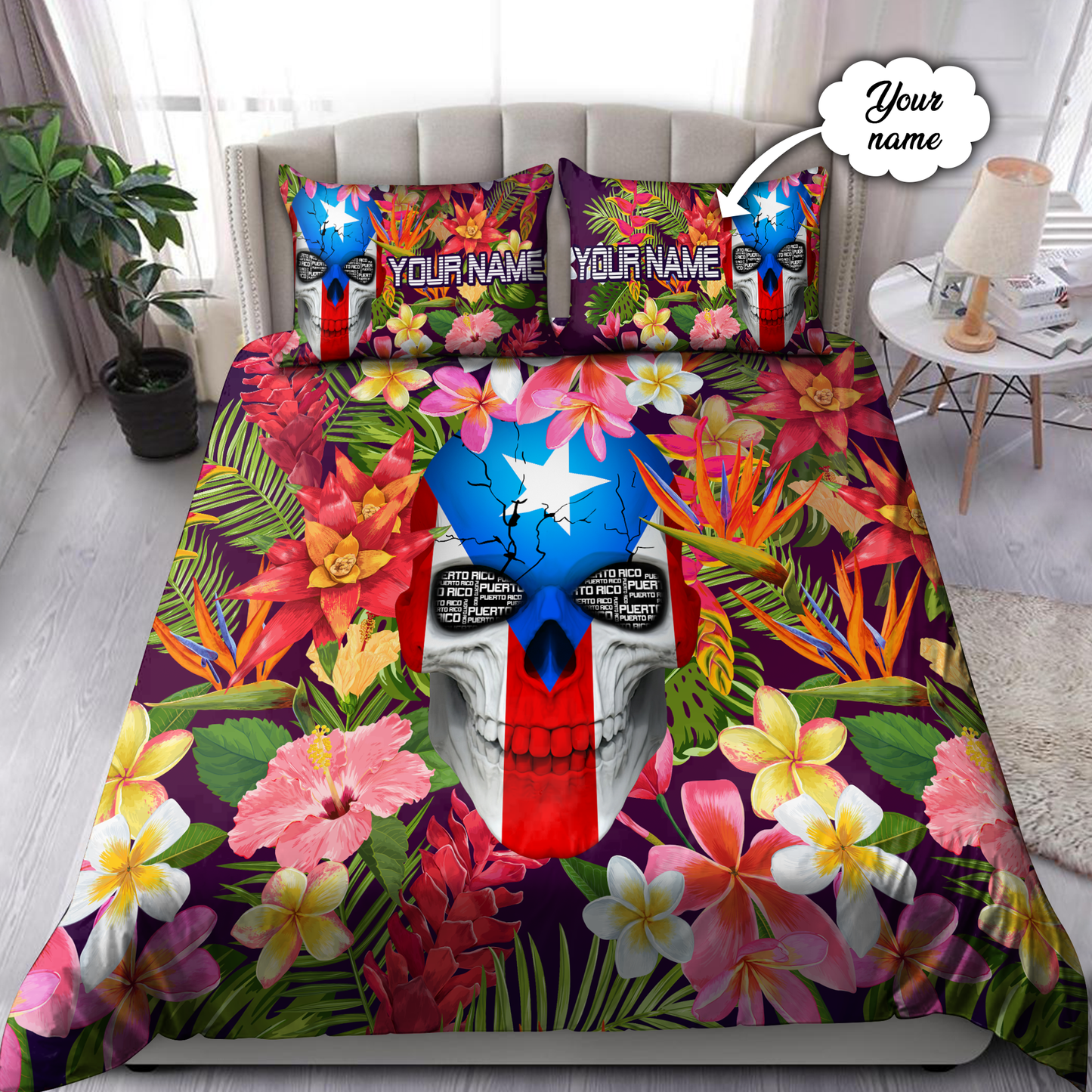 Customize Name Floral Skull Puerto Rico Bedding Set