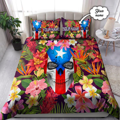 Customize Name Floral Skull Puerto Rico Bedding Set