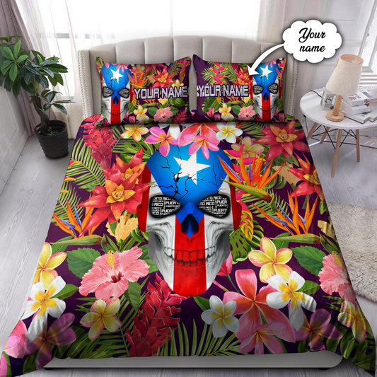 Customize Name Floral Skull Puerto Rico Bedding Set