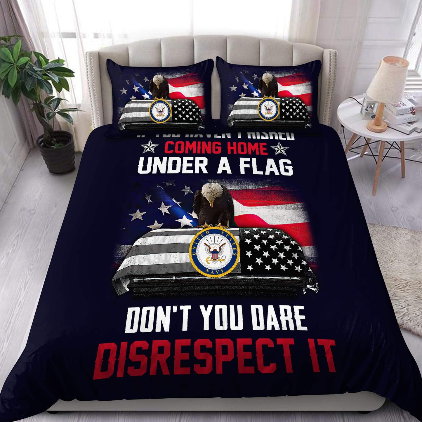US Navy Veteran Coming home under a flag bedding set Proud Military