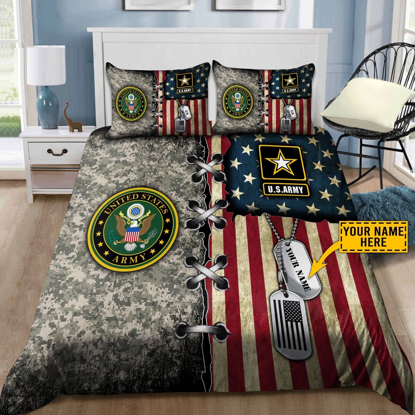 Custom name US Army Veteran Camo Bedding Set Proud Military