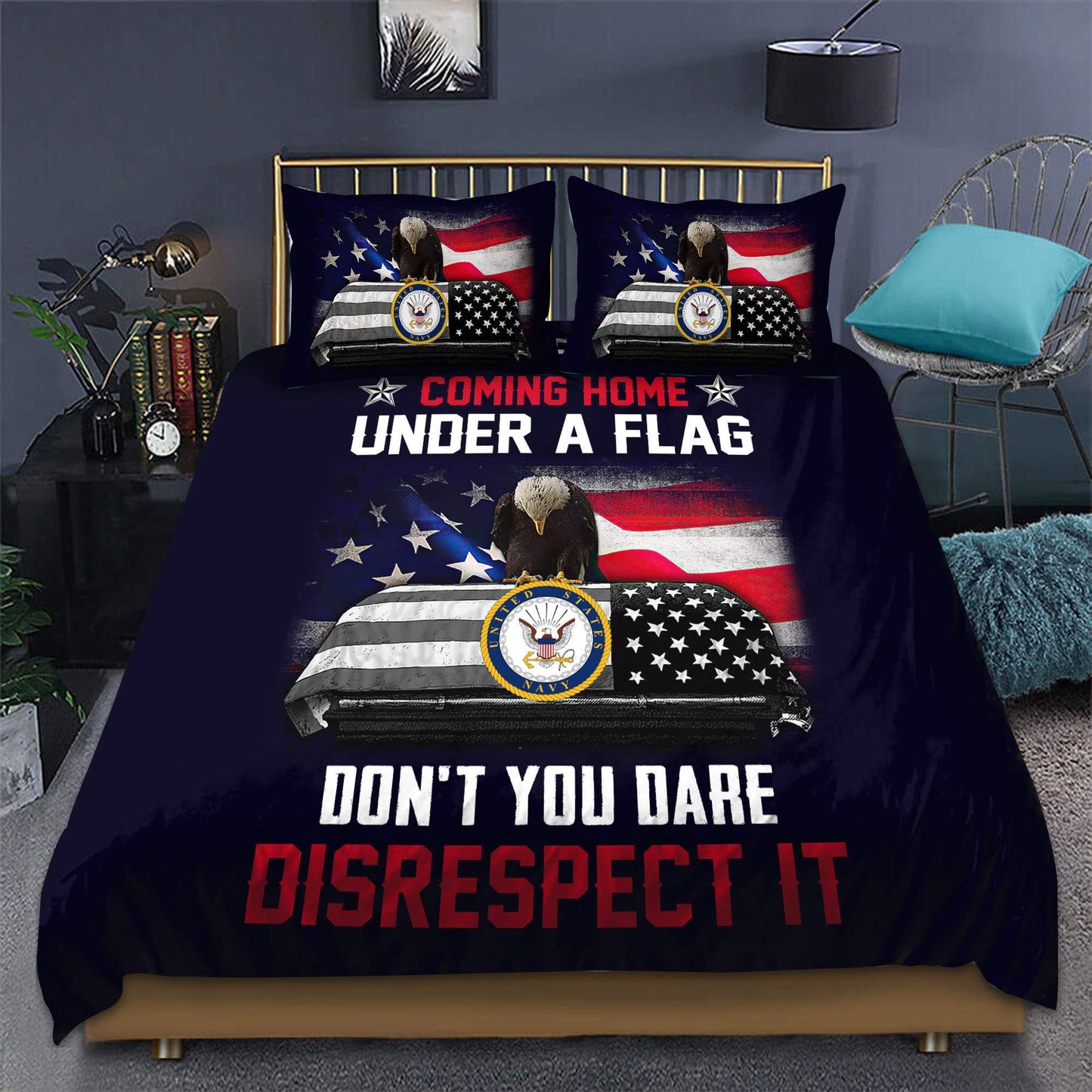US Navy Veteran Coming home under a flag bedding set Proud Military