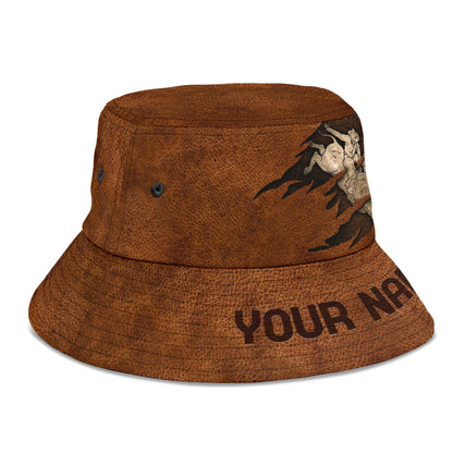 Personalized Name Bull Riding Bucket Hat Leather Texture
