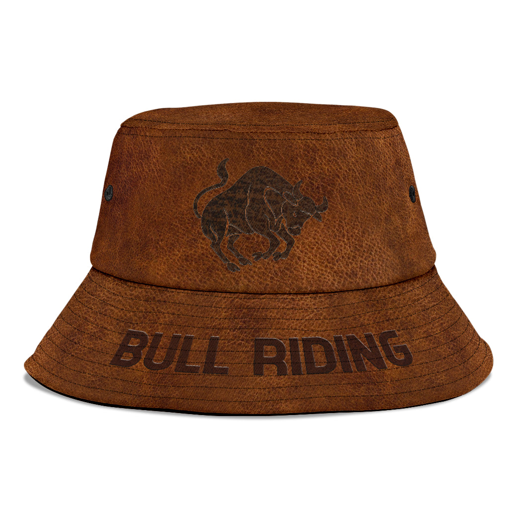 Personalized Name Bull Riding Bucket Hat Leather Texture
